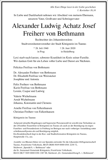 Traueranzeige von Alexander Ludwig Achatz Josef Freiherr von Bethmann von Frankfurter Allgemeine Zeitung