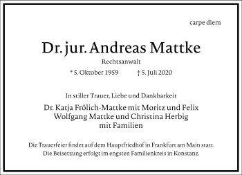 Traueranzeige von Andreas Mattke von Frankfurter Allgemeine Zeitung