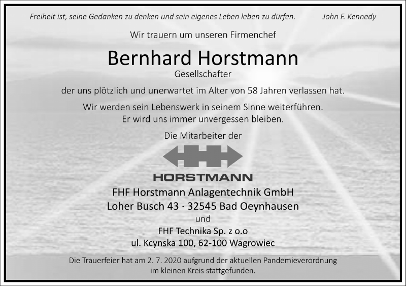  Traueranzeige für Bernhard Horstmann vom 04.07.2020 aus Frankfurter Allgemeine Zeitung