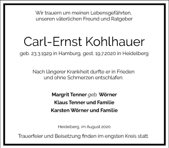 Traueranzeige von Carl-Ernst Kohlhauer von Frankfurter Allgemeine Zeitung