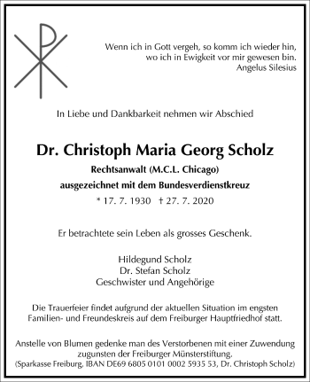 Traueranzeige von Christoph Maria Georg Scholz von Frankfurter Allgemeine Zeitung