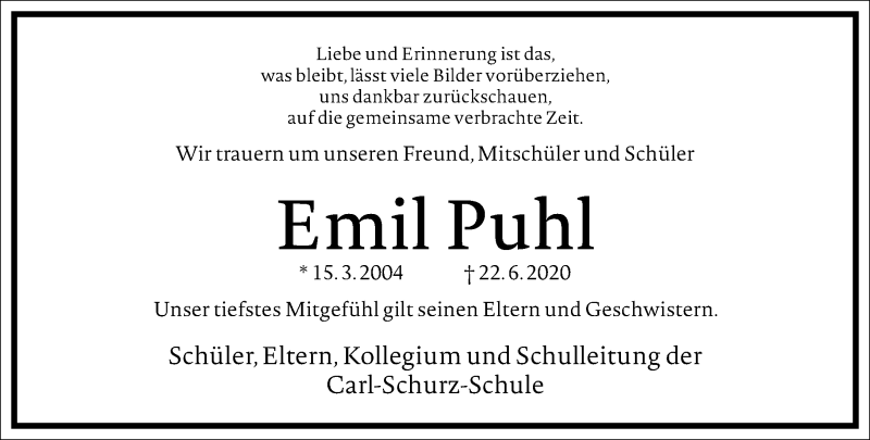  Traueranzeige für Emil Puhl vom 08.07.2020 aus Frankfurter Allgemeine Zeitung