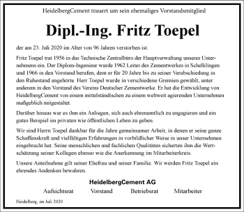 Traueranzeige von Fritz Toepel von Frankfurter Allgemeine Zeitung