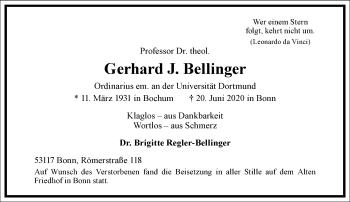 Traueranzeige von Gerhard J. Bellinger von Frankfurter Allgemeine Zeitung