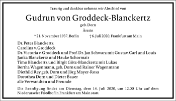 Traueranzeige von Gudrun von Groddeck-Blanckertz von Frankfurter Allgemeine Zeitung