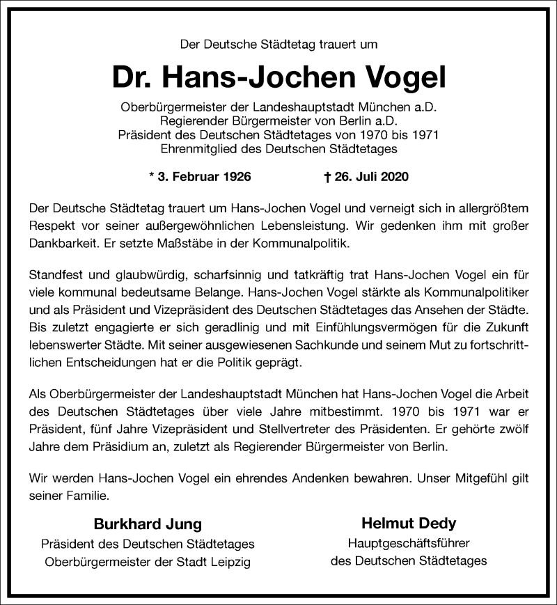  Traueranzeige für Hans-Jochen Vogel vom 01.08.2020 aus Frankfurter Allgemeine Zeitung