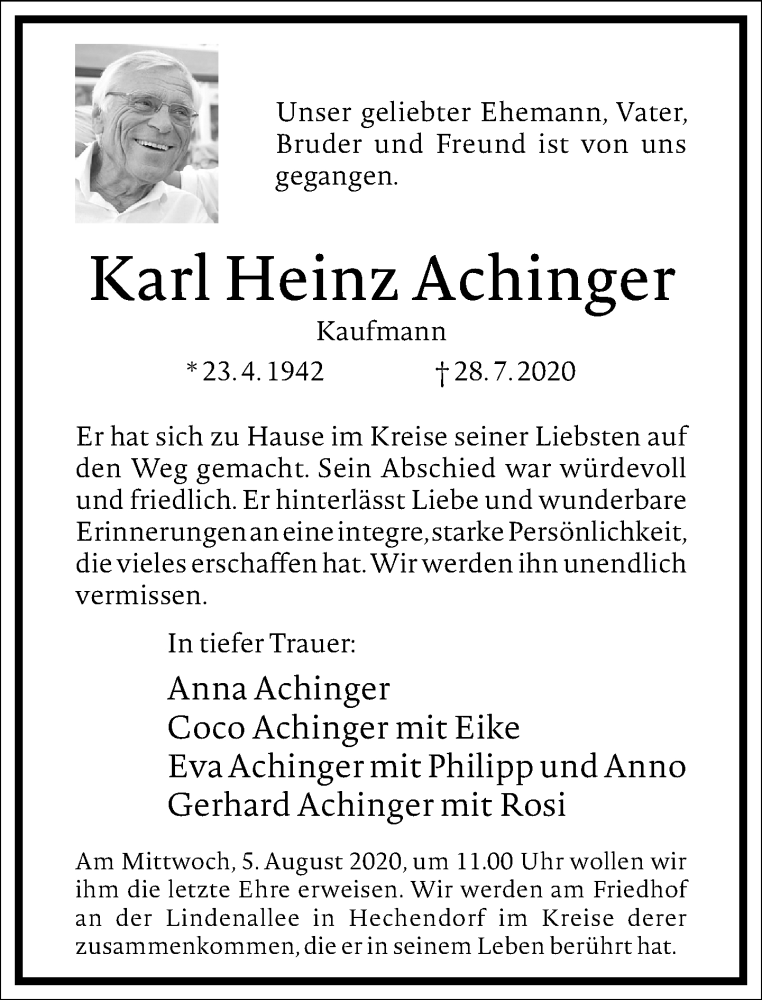  Traueranzeige für Karl Heinz Achinger vom 01.08.2020 aus Frankfurter Allgemeine Zeitung