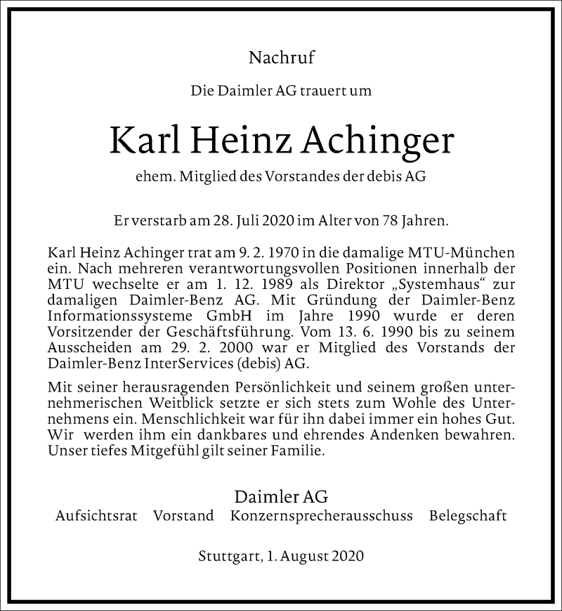  Traueranzeige für Karl Heinz Achinger vom 01.08.2020 aus Frankfurter Allgemeine Zeitung