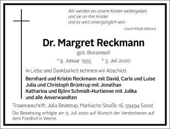 Traueranzeige von Margret Reckmann von Frankfurter Allgemeine Zeitung