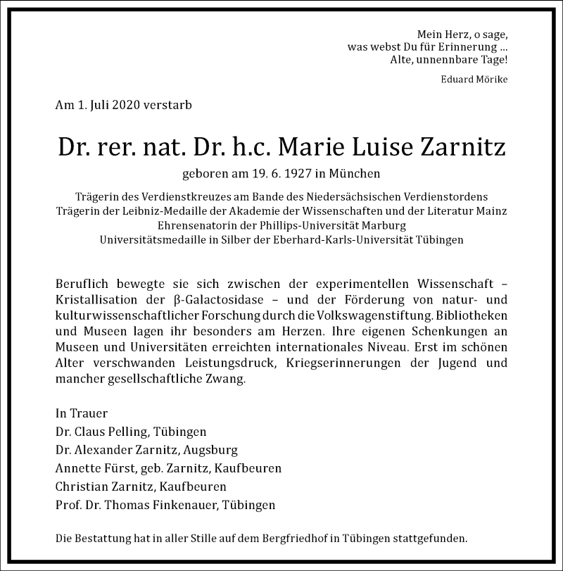  Traueranzeige für Marie Luise Zarnitz vom 11.07.2020 aus Frankfurter Allgemeine Zeitung