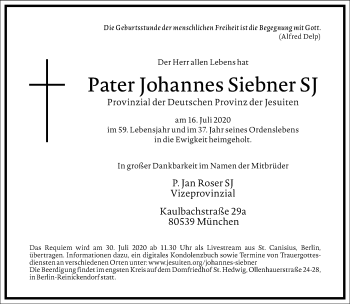 Traueranzeige von Pater Johannes Siebner von Frankfurter Allgemeine Zeitung