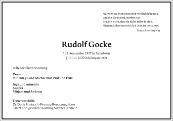 Traueranzeige von Rudolf Gocke von Frankfurter Allgemeine Zeitung