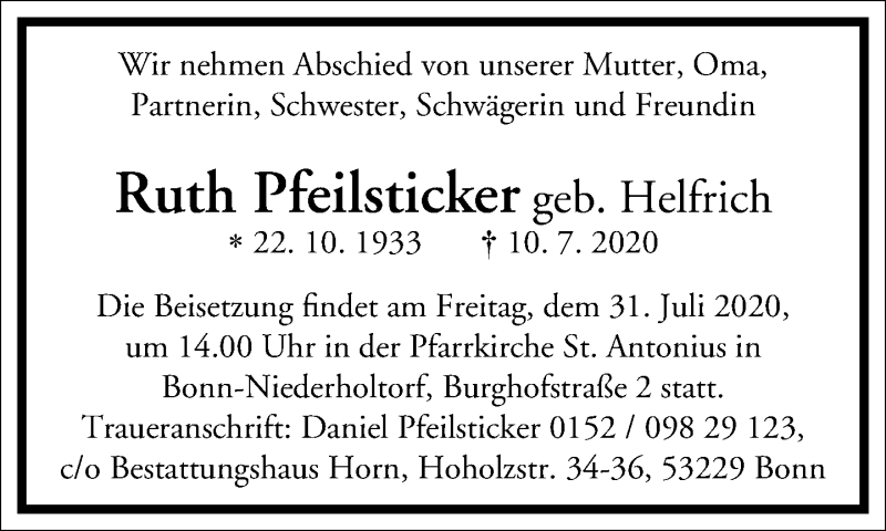  Traueranzeige für Ruth Pfeilsticker vom 25.07.2020 aus Frankfurter Allgemeine Zeitung