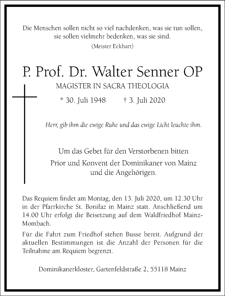  Traueranzeige für Walter Senner vom 11.07.2020 aus Frankfurter Allgemeine Zeitung