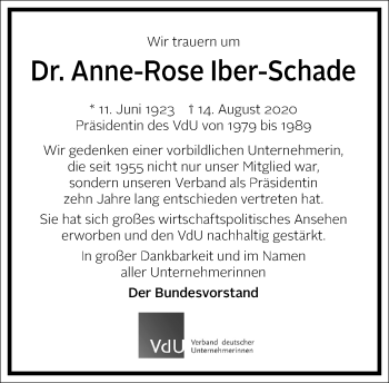 Traueranzeige von Anne-Rose Iber-Schade von Frankfurter Allgemeine Zeitung