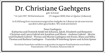 Traueranzeige von Christiane Gaehtgens von Frankfurter Allgemeine Zeitung