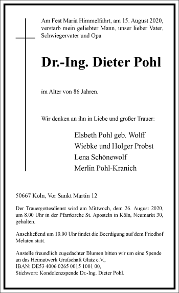 Traueranzeige von Dieter Pohl von Frankfurter Allgemeine Zeitung