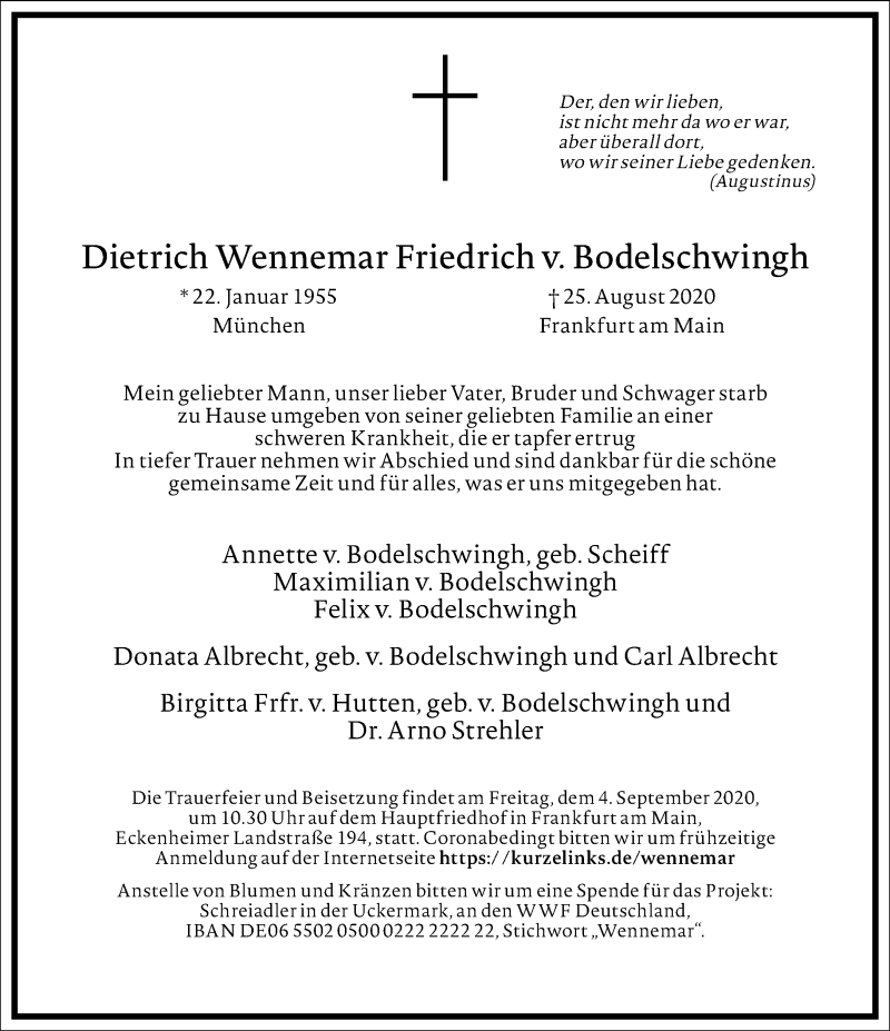  Traueranzeige für Dietrich Wennemar Friedrich v. Bodelschwingh vom 29.08.2020 aus Frankfurter Allgemeine Zeitung