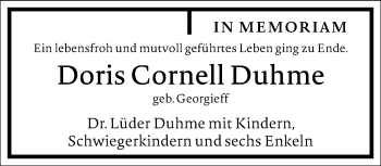 Traueranzeige von Doris Cornell Duhme von Frankfurter Allgemeine Zeitung