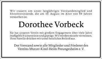 Traueranzeige von Dorothee Vorbeck von Frankfurter Allgemeine Zeitung