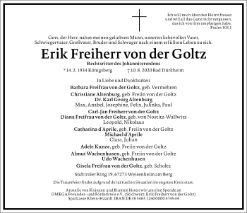 Traueranzeige von Erik Freiherr von der Goltz von Frankfurter Allgemeine Zeitung