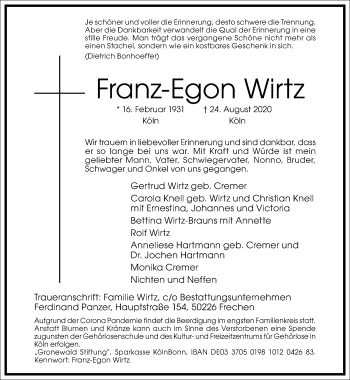 Traueranzeige von Franz-Egon Wirtz von Frankfurter Allgemeine Zeitung