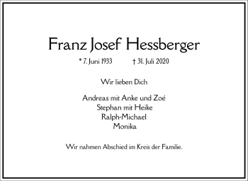 Traueranzeige von Franz Josef Hessberger von Frankfurter Allgemeine Zeitung