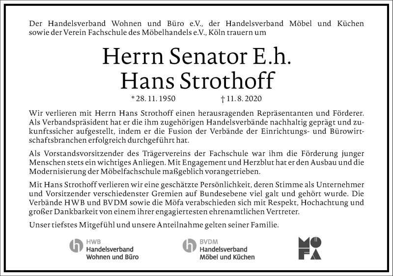  Traueranzeige für Hans Strothoff vom 15.08.2020 aus Frankfurter Allgemeine Zeitung