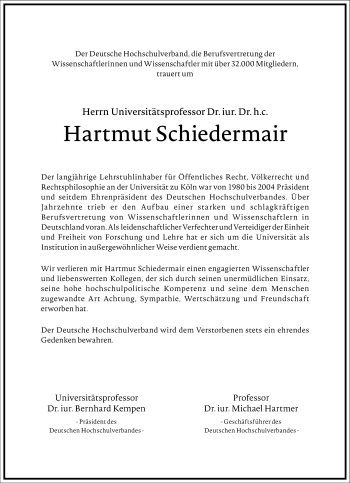 Traueranzeige von Hartmut Schiedermair von Frankfurter Allgemeine Zeitung