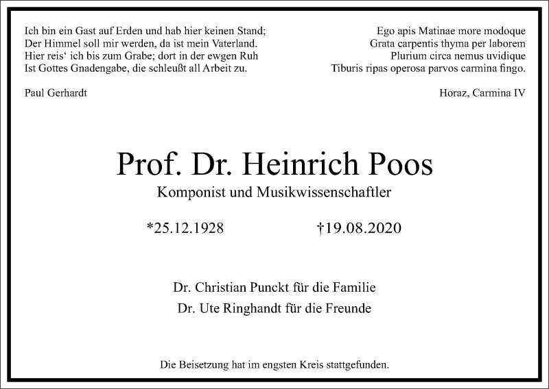  Traueranzeige für Heinrich Poos vom 29.08.2020 aus Frankfurter Allgemeine Zeitung