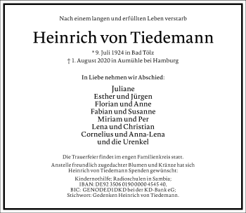Traueranzeige von Heinrich von Tiedemann von Frankfurter Allgemeine Zeitung