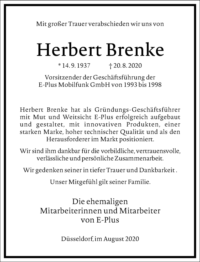  Traueranzeige für Herbert Brenke vom 29.08.2020 aus Frankfurter Allgemeine Zeitung