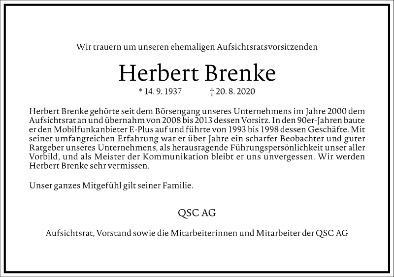  Traueranzeige für Herbert Brenke vom 29.08.2020 aus Frankfurter Allgemeine Zeitung