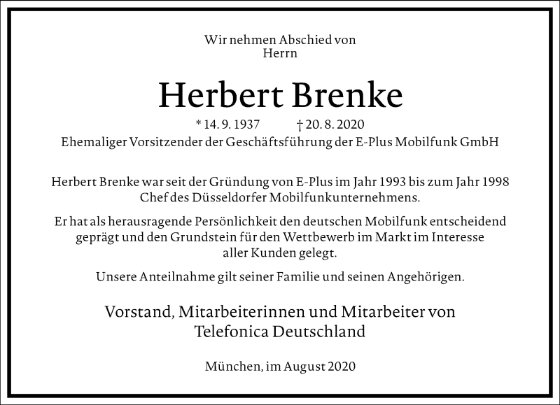  Traueranzeige für Herbert Brenke vom 29.08.2020 aus Frankfurter Allgemeine Zeitung