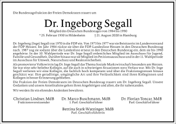 Traueranzeige von Ingeborg Segall von Frankfurter Allgemeine Zeitung