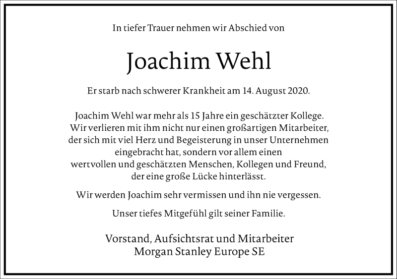  Traueranzeige für Joachim Wehl vom 22.08.2020 aus Frankfurter Allgemeine Zeitung