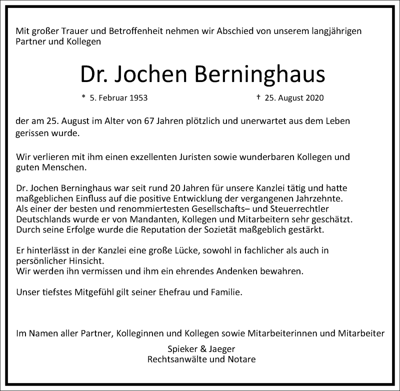  Traueranzeige für Jochen Berninghaus vom 29.08.2020 aus Frankfurter Allgemeine Zeitung