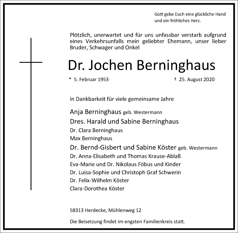  Traueranzeige für Jochen Berninghaus vom 29.08.2020 aus Frankfurter Allgemeine Zeitung
