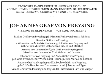 Traueranzeige von Johannes von Preysing von Frankfurter Allgemeine Zeitung