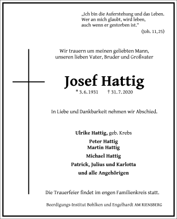 Traueranzeige von Josef Hattig von Frankfurter Allgemeine Zeitung