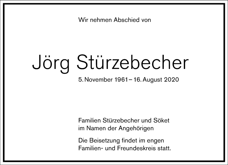  Traueranzeige für Jörg Stürzebecher vom 29.08.2020 aus Frankfurter Allgemeine Zeitung