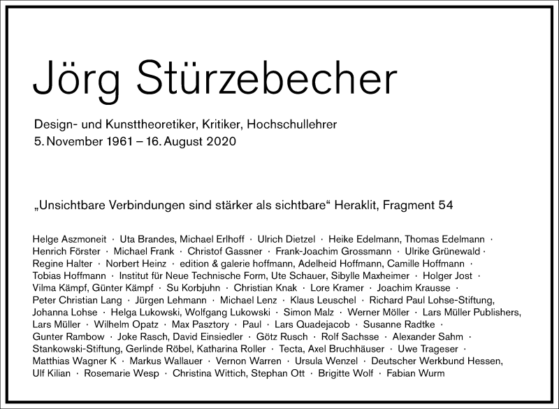  Traueranzeige für Jörg Stürzebecher vom 29.08.2020 aus Frankfurter Allgemeine Zeitung