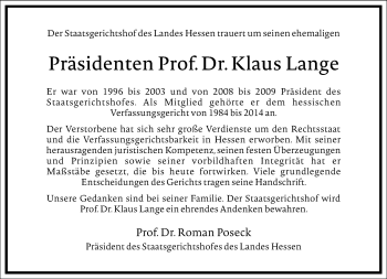 Traueranzeige von Klaus Lange von Frankfurter Allgemeine Zeitung