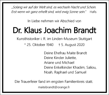 Traueranzeige von Klaus Joachim Brandt von Frankfurter Allgemeine Zeitung