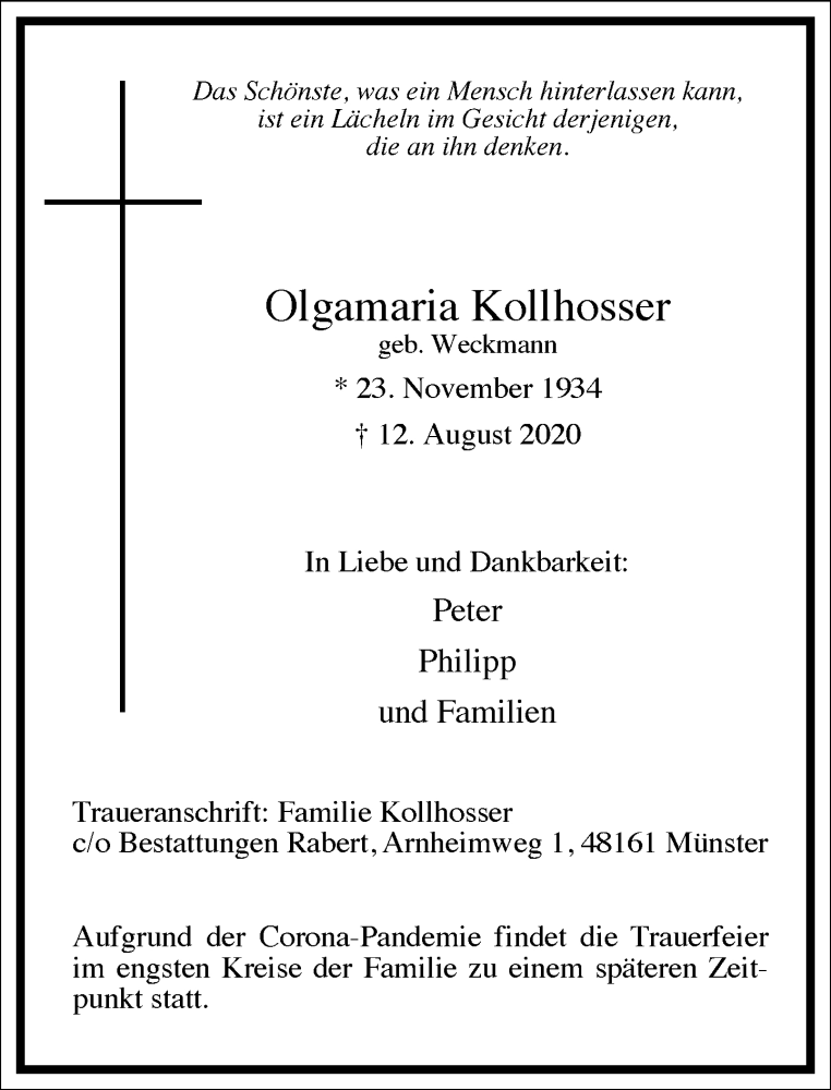  Traueranzeige für Olgamaria Kollhosser vom 22.08.2020 aus Frankfurter Allgemeine Zeitung