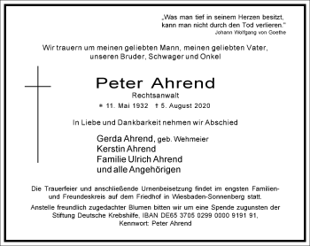 Traueranzeige von Peter Ahrend von Frankfurter Allgemeine Zeitung