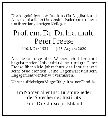 Traueranzeige von Peter Freese von Frankfurter Allgemeine Zeitung