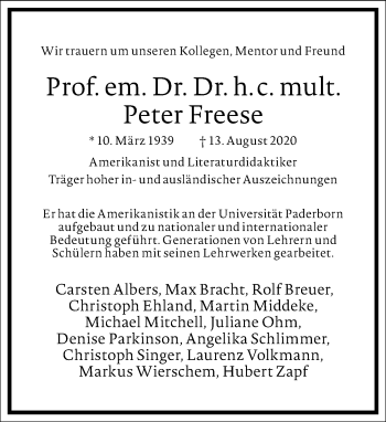 Traueranzeige von Peter Freese von Frankfurter Allgemeine Zeitung