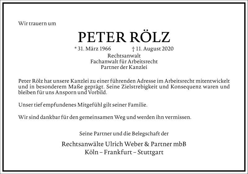 Traueranzeige für Peter Rölz vom 17.08.2020 aus Frankfurter Allgemeine Zeitung
