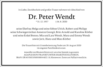 Traueranzeige von Peter Wendt von Frankfurter Allgemeine Zeitung